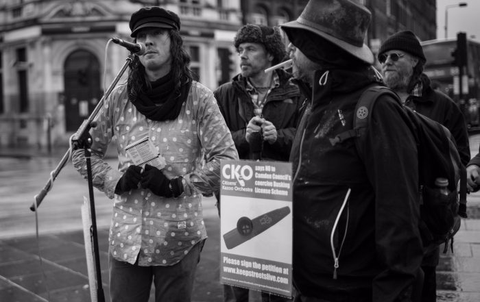 Jonny Walker and the Church of the Holy Kazoo - campaigning for Love and Justice for street performers in Camden Town.