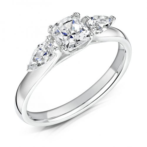3 Stone Diamond Ring. Cushion Cut Centre stone with Pear Cut Stones on sides